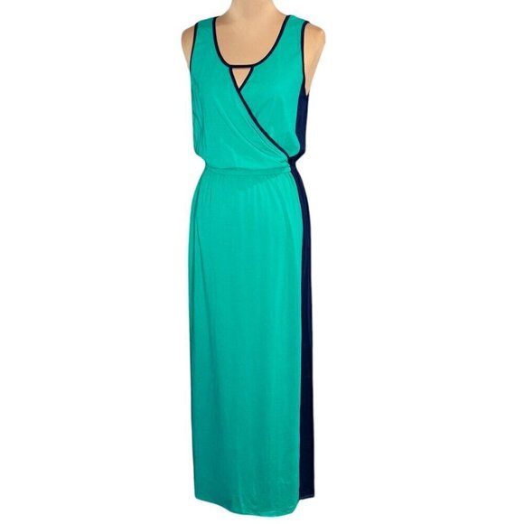 Lilla.P Maxi Dress Sz.L Green Blue Jersey Sleeveless Colorblock Summer Preppy - Picture 2 of 10